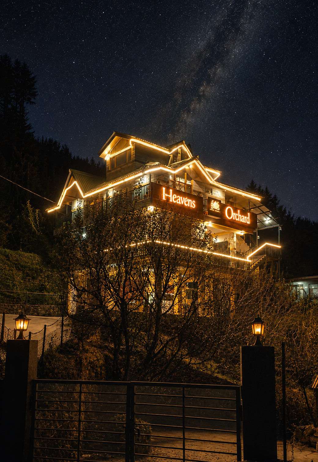 Heavens Orchard glowing under the Milky Way, Old Manali